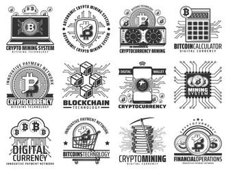 Cryptocurrency Mining & Blockchain Icons vector image