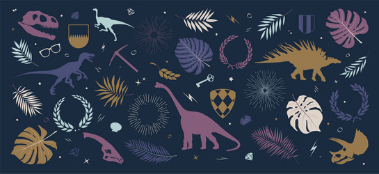 collection colored silhouettes dinosaurs sun vector