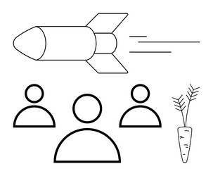 rocket in motion with three figures and a carrot vector image