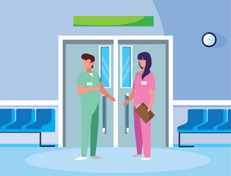 couple medicine workers in elevator door vector