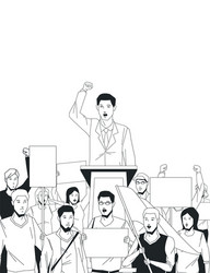 man making a speech and audience with signboard vector