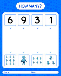 how many counting game with robot toy worksheet vector image