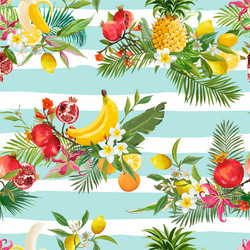 Tropical Fruits & Palm Leaves Pattern Vector Image
