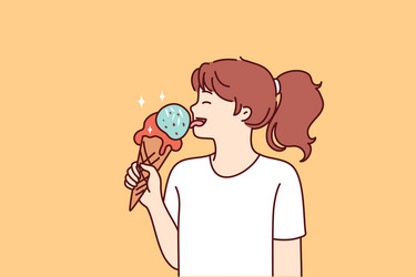 school-age girl licks large ice cream in waffle vector