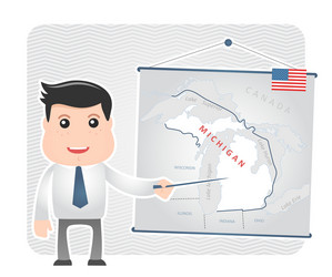 man with a pointer points to map of michigan vector image