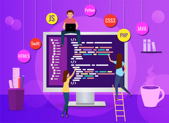 team writes code programming for a game app vector image