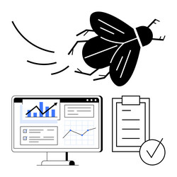 bug flying over data charts and checklist vector image