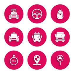 Set trolleybus map pointer with taxi magnifying vector