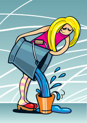 Girl pouring water from bucket vector