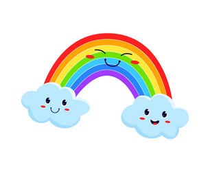 funny rainbow and smiling clouds cute characters vector