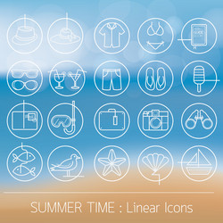 Summer objects linear icons set on blur background vector