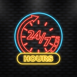 Neon icon 24 7 open on businnes banner doors vector