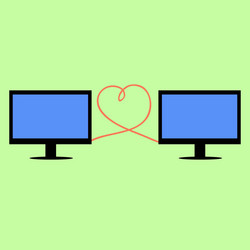 Flat style computers connected with heart vector