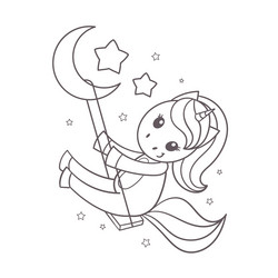 little unicorn swings on the moon black and white vector