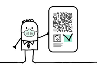 cartoon man with mask showing a valid qr code vector image