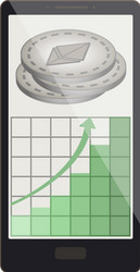 Ethereum coins with growth graph on a phone screen vector