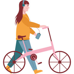 woman listen music via phone walk with bicycle vector