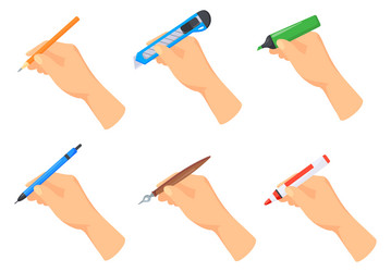 Writing accessories in hands hand writes with pen vector