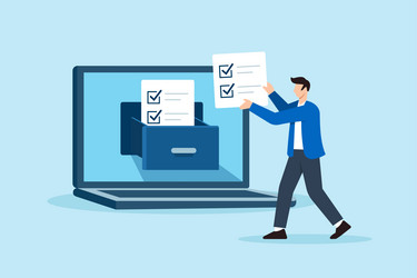 flat of remote employee inserting checklist files vector image