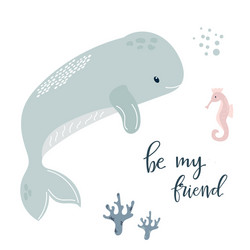 Baby print with blue whale hand drawn graphic vector