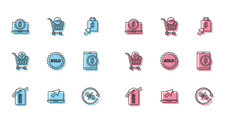 set line price tag with new laptop and cursor vector image