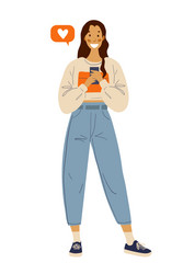 Modern young girl communicates on smartphone vector