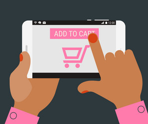 Hand pressing add to cart button on mobile device vector