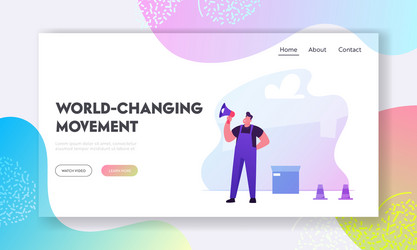 workman with loudspeaker website landing page vector image