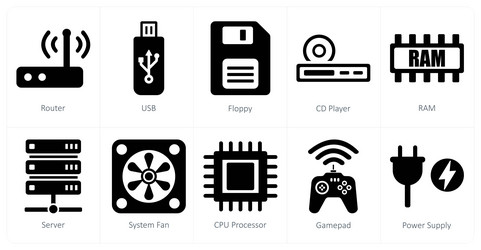 a set of 10 computer parts icons as router usb vector image