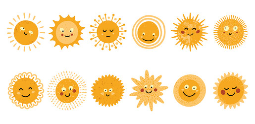 cute summer sun set sunny stickers with doodle vector