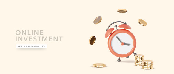 alarm clock with coin stack in 3d realistic style vector image