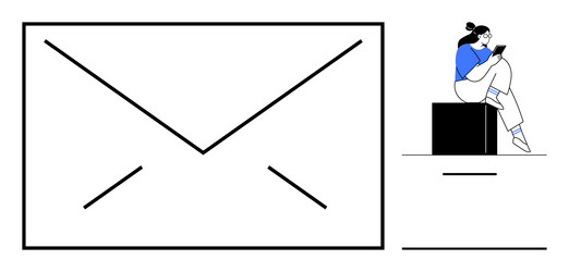 woman sitting on a box using tablet next to large vector image