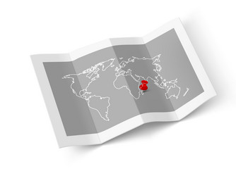 paper folded world map with red pin pointer vector