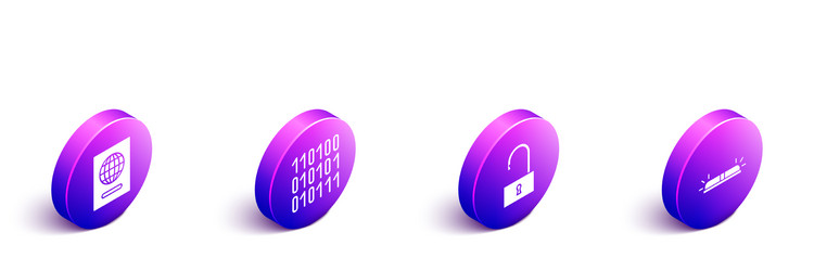 Set isometric passport binary code open padlock vector