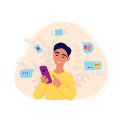 Boy holding smartphone reads message web vector