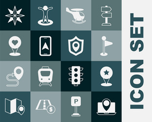 set laptop with location marker map pointer star vector image