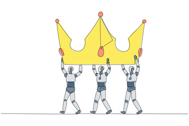 continuous one line drawing group of robots work vector image