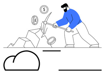 man mining cryptocurrency with pickaxe while coins vector image