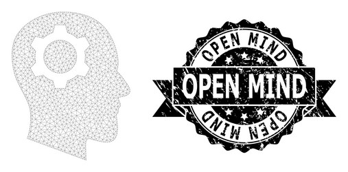 textured open mind ribbon seal and mesh wireframe vector image
