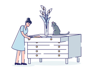 Woman putting clothes in drawers chest tidy vector