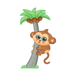 cute baby monkey climbing on palm tree kawaii vector