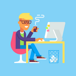 man is working with computer and drinking coffee vector image
