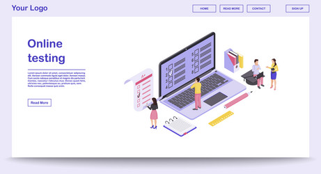 Online testing webpage template with isometric vector