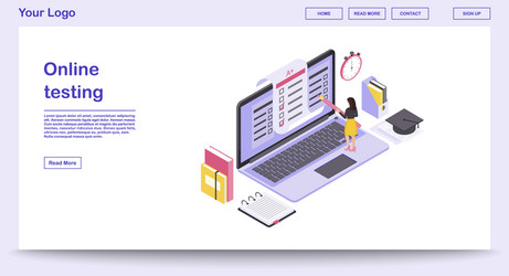 Online testing webpage template with isometric vector