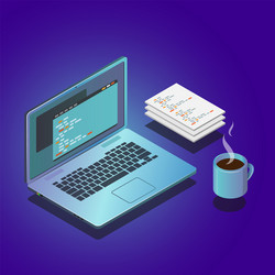 Isometric workspace composition with laptop vector