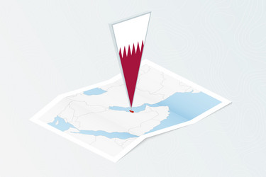 isometric paper map of qatar with triangular flag vector image