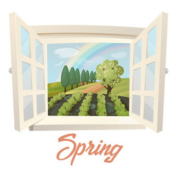 Outside view through window at spring field vector