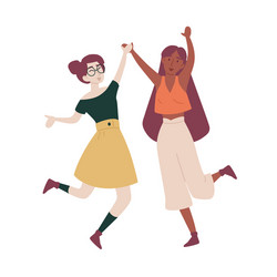 Girls with their hands up jumping having fun vector