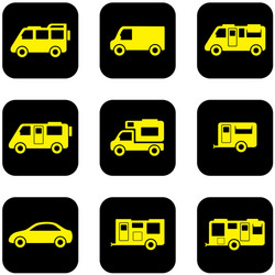 yellow transport set on black icons vector