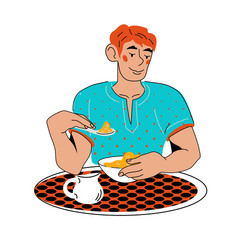 young man eating healthy food at table cartoon vector